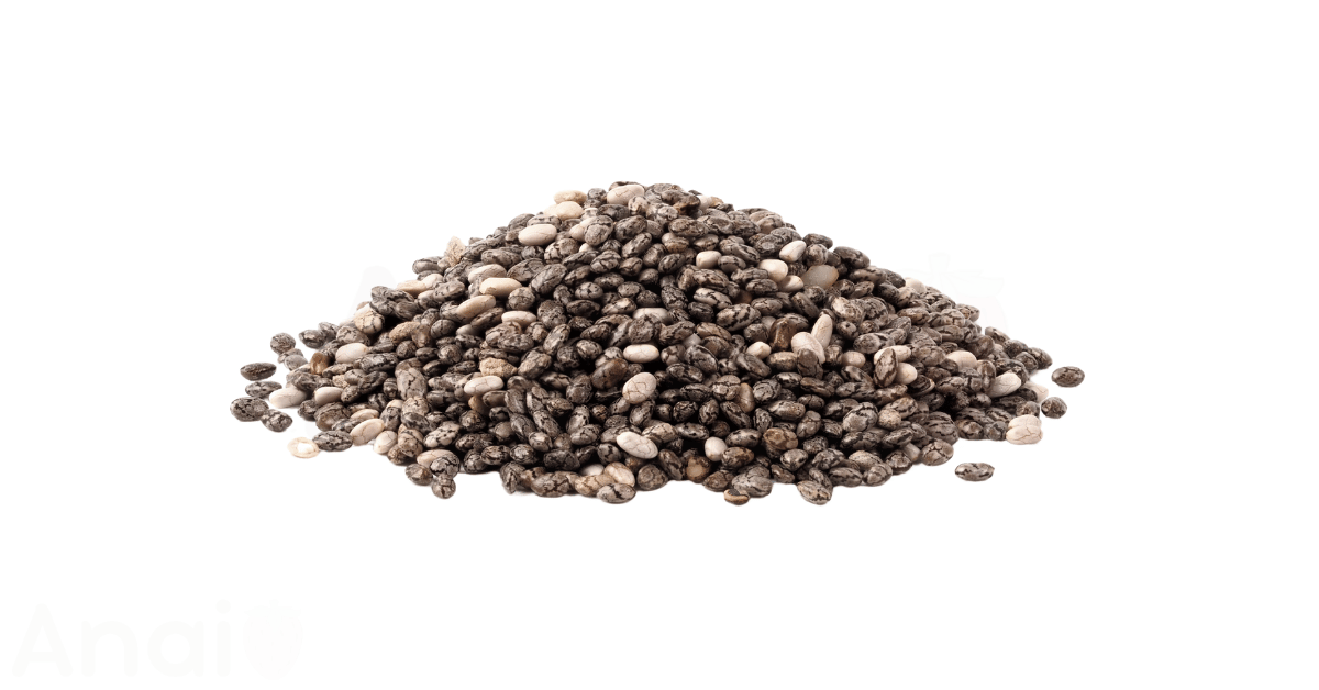 A close-up picture of chia seeds related to chia seed nutrition facts, in white background.