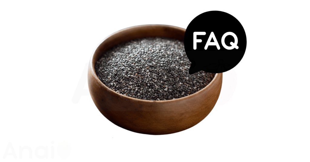 A pic of fresh chia seeds next to a black banner for chia seeds nutrition FAQs.