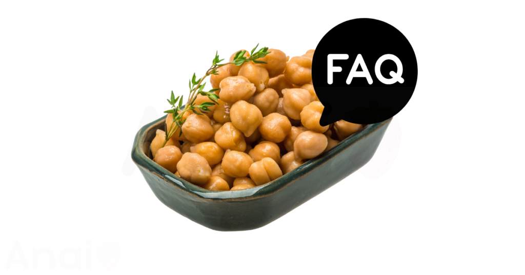 A pic of fresh chickpeas next to a black banner for chickpeas nutrition FAQs.