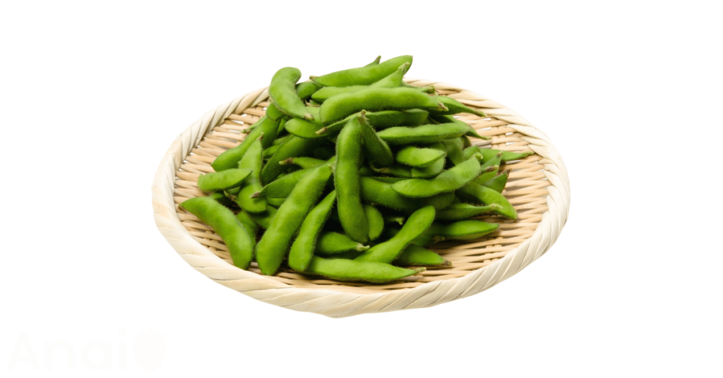 A close-up picture of edamame related to edamame nutrition facts, in white background.