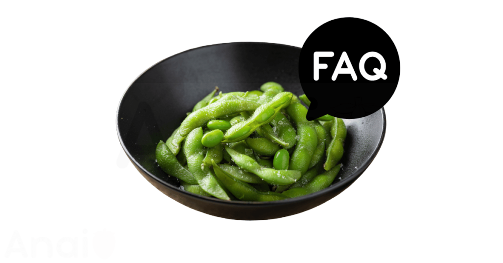 A pic of fresh edamame next to a black banner for edamame nutrition FAQs.