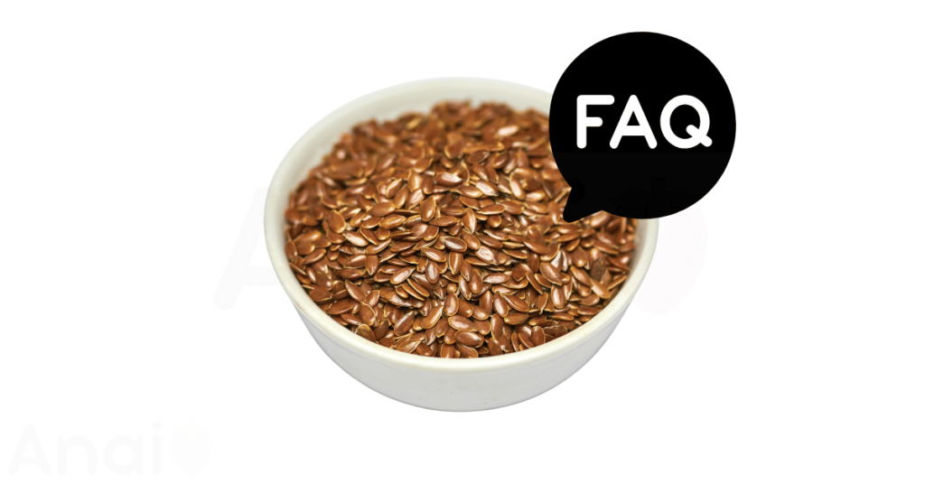 A pic of fresh flaxseeds next to a black banner for flaxseeds nutrition FAQs.