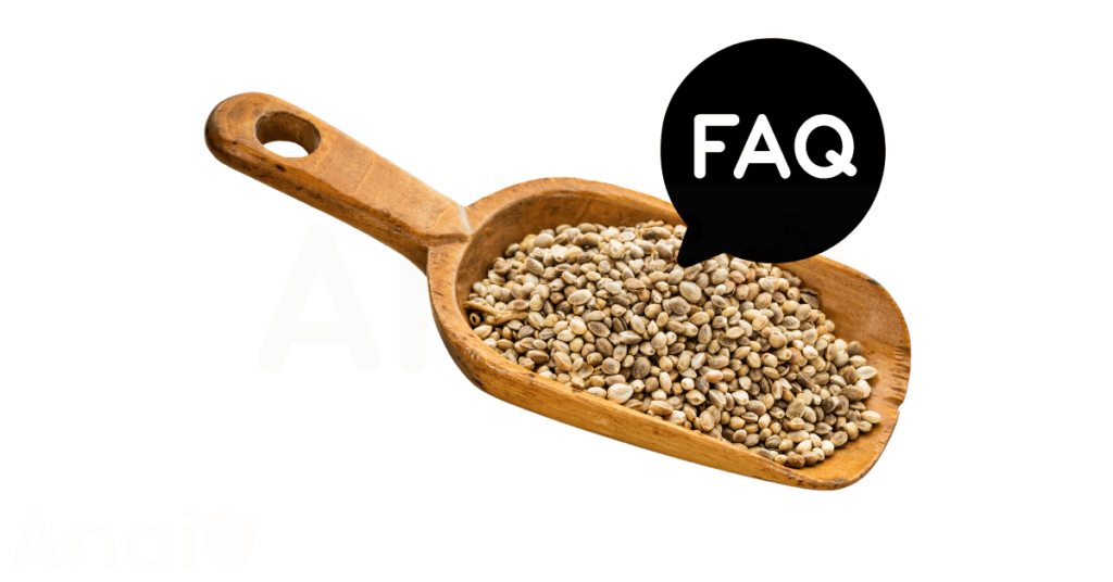 A pic of fresh hemp seeds next to a black banner for hemp seeds nutrition FAQs.