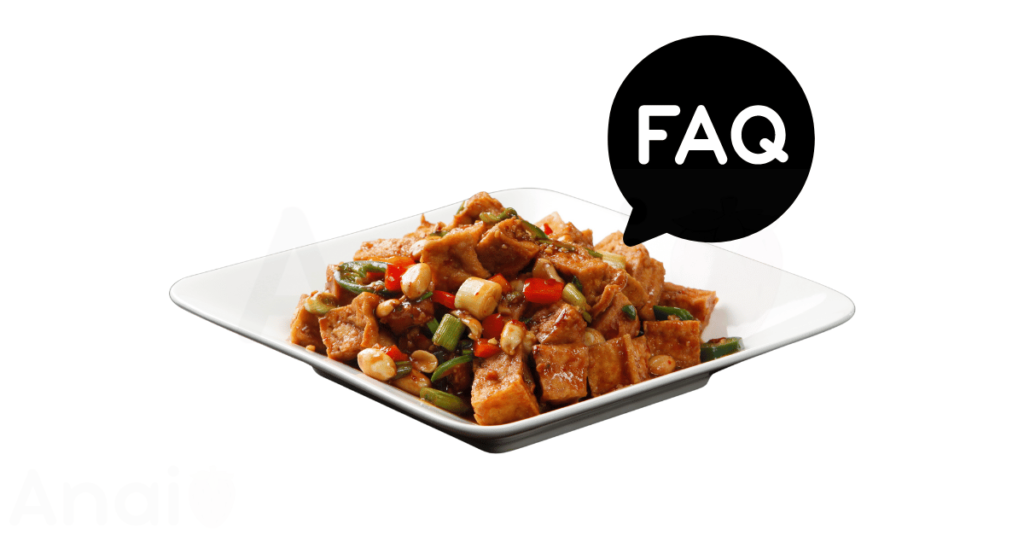 A pic of fresh tofu next to a black banner for tofu nutrition FAQs.