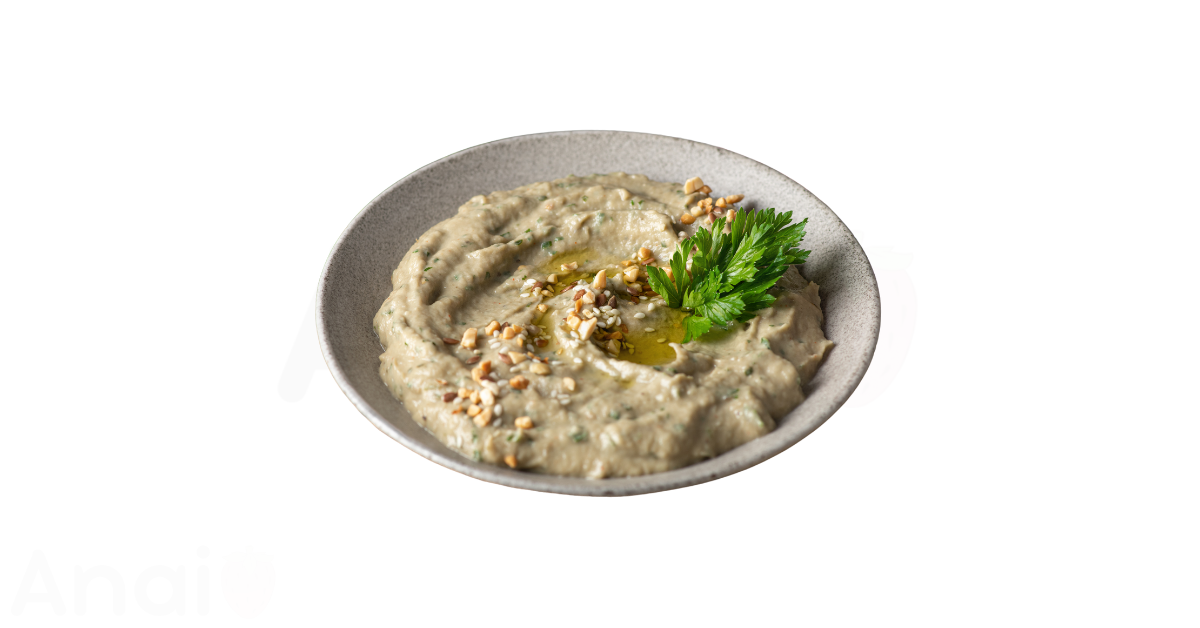 A close-up picture of baba ghanoush related to baba ghanoush nutrition facts, in white background.