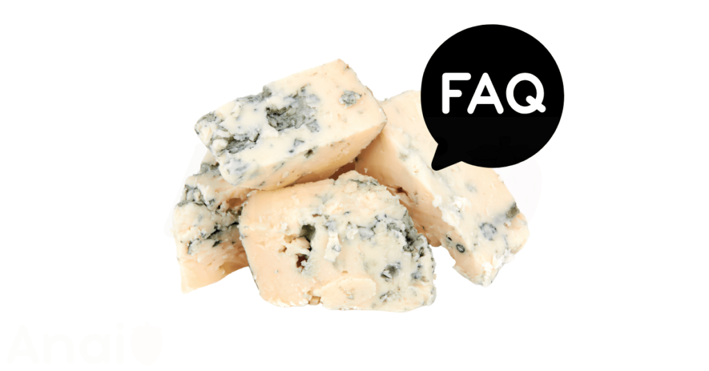 A pic of fresh blue cheese next to a black banner for blue cheese nutrition FAQs.