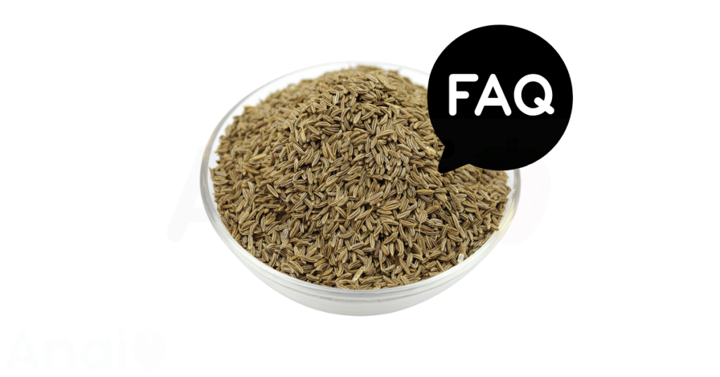 A pic of fresh caraway seeds next to a black banner for caraway seeds nutrition FAQs.