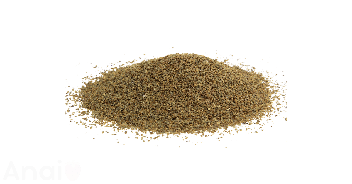 A close-up picture of celery seeds related to celery seed nutrition facts, in white background.