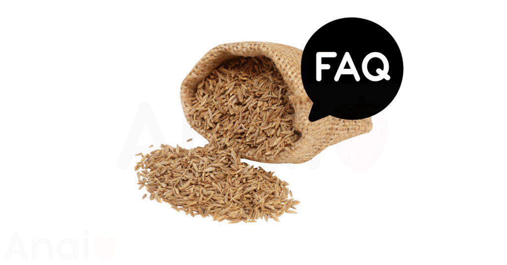 A pic of fresh cumin seeds next to a black banner for cumin seeds nutrition FAQs.