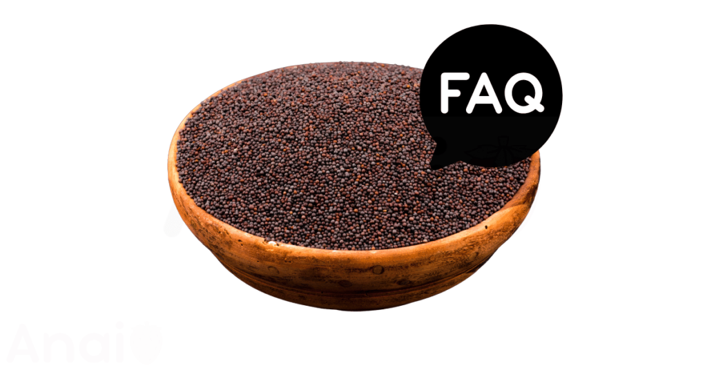 A pic of fresh mustard seeds next to a black banner for mustard seeds nutrition FAQs.