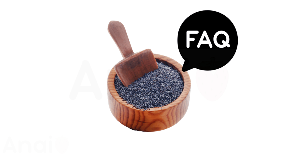 A pic of fresh poppy seeds next to a black banner for poppy seeds nutrition FAQs.