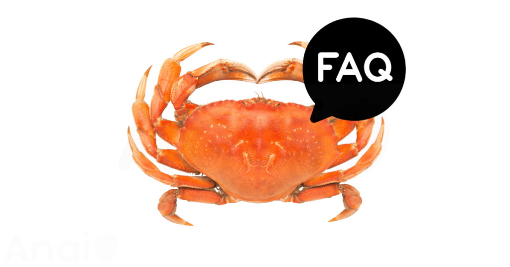 A pic of fresh crabs next to a black banner for crabs nutrition FAQs.