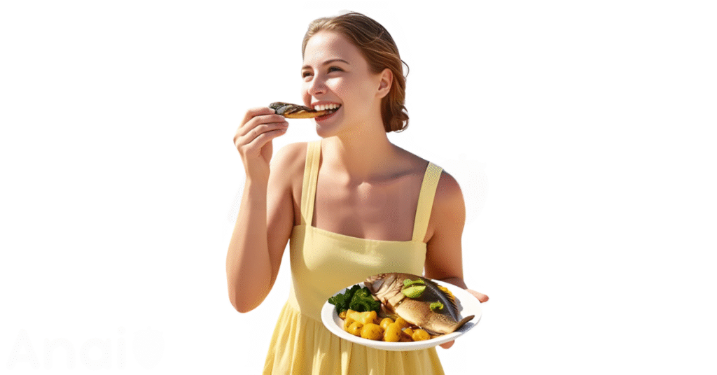 A person eating sea bass for weight loss.