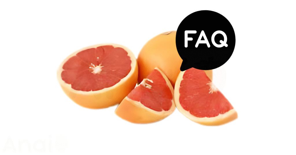 A pic of fresh grapefruits next to a black banner for grapefruits nutrition FAQs.