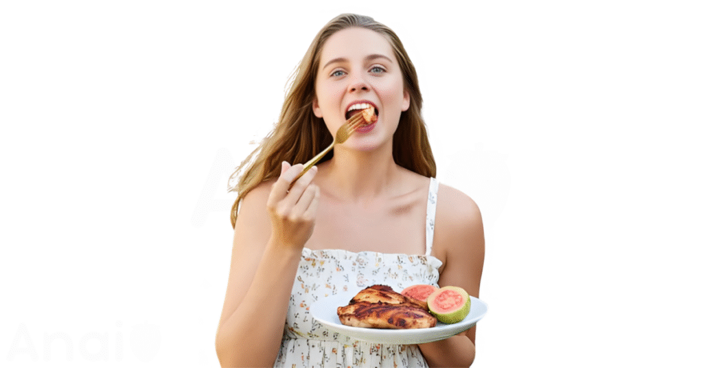 A person eating guavas for weight loss.