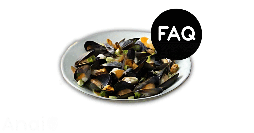 A pic of fresh mussels next to a black banner for mussels nutrition FAQs.
