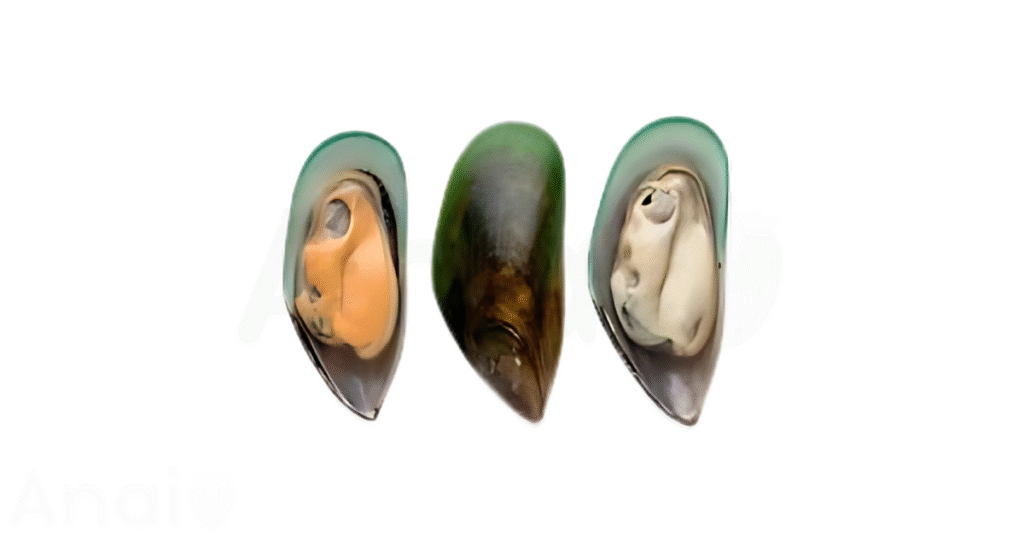 A close-up picture of mussels related to mussel nutrition facts, in white background.