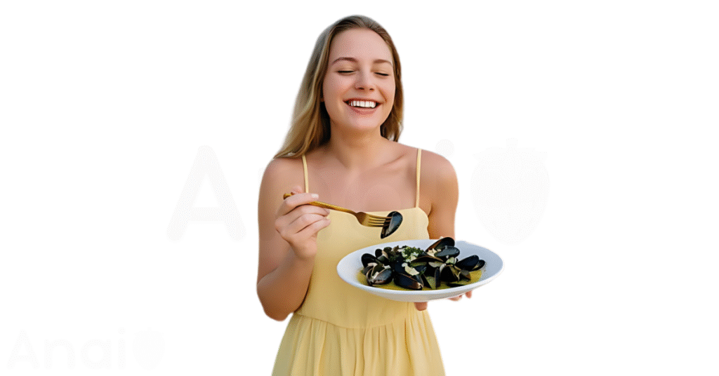 A person eating mussels for weight loss.