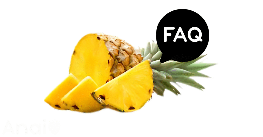 A pic of fresh pineapples next to a black banner for pineapples nutrition FAQs.
