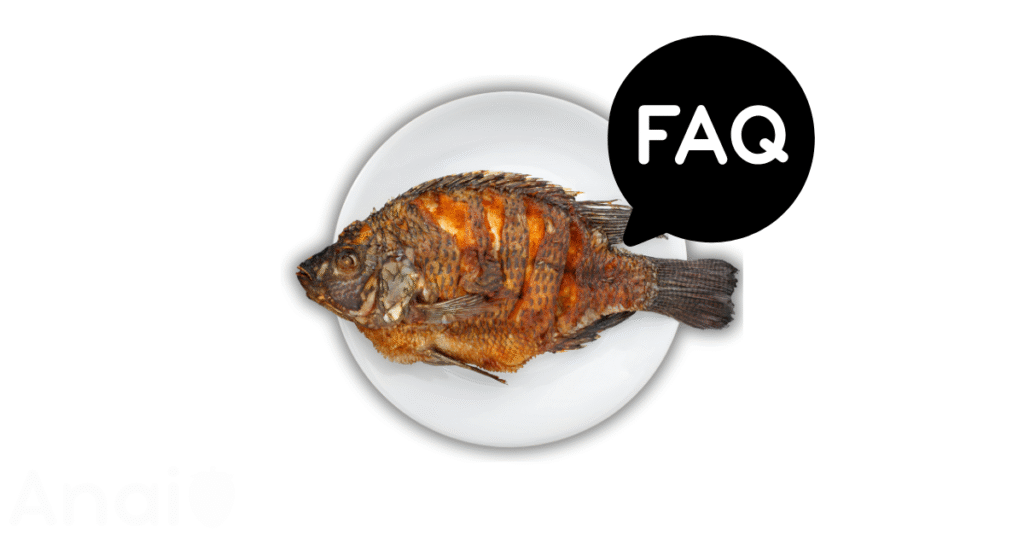 A pic of fresh tilapia next to a black banner for tilapia nutrition FAQs.