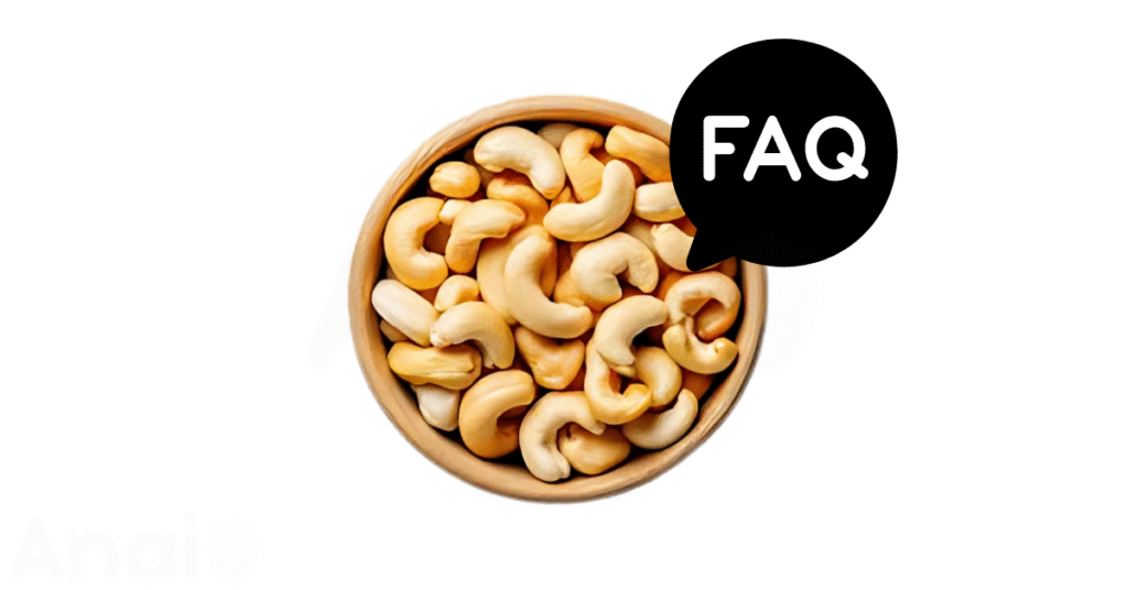 A pic of fresh cashews next to a black banner for cashews nutrition FAQs.