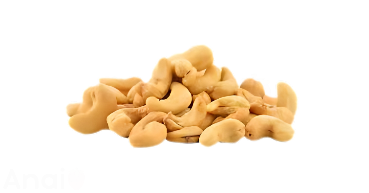 A close-up picture of cashews related to cashew nutrition facts, in white background.