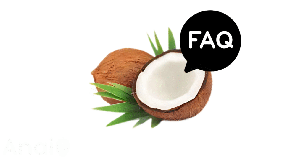 A pic of fresh coconuts next to a black banner for coconuts nutrition FAQs.