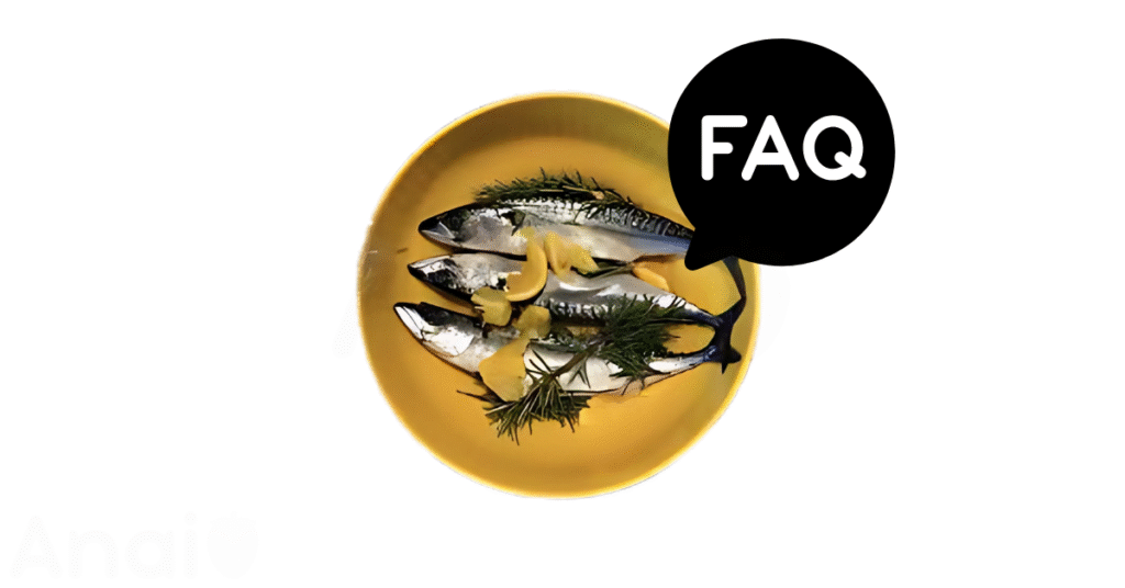 A pic of fresh mackerel next to a black banner for mackerel nutrition FAQs.