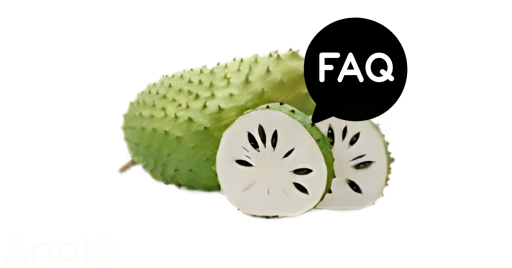 A pic of fresh soursops next to a black banner for soursops nutrition FAQs.