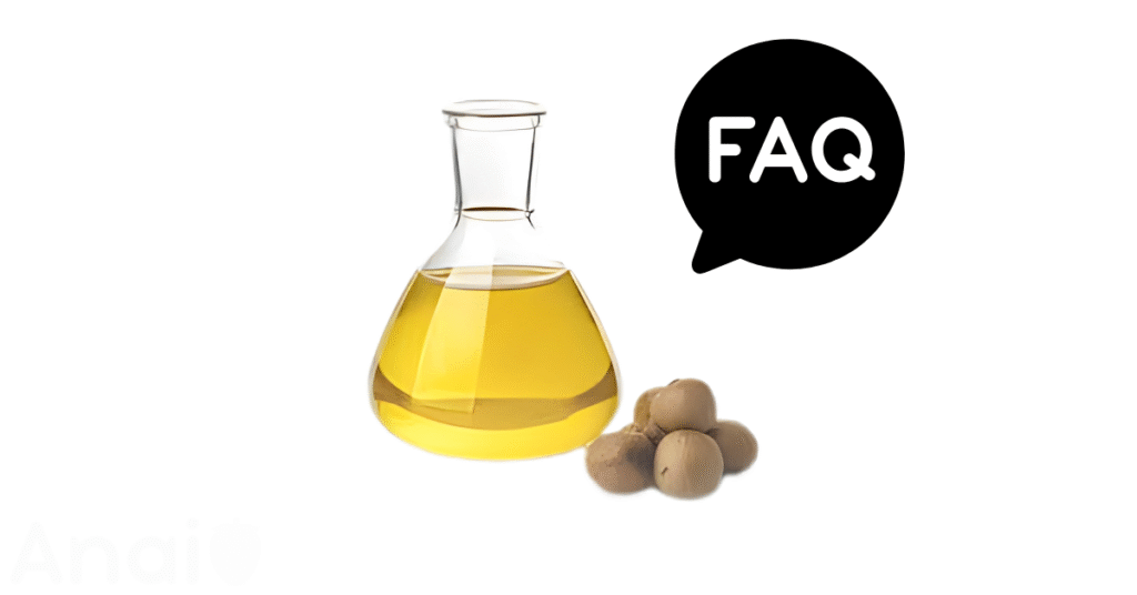 A pic of fresh kukui nut oil next to a black banner for kukui nut oil nutrition FAQs.