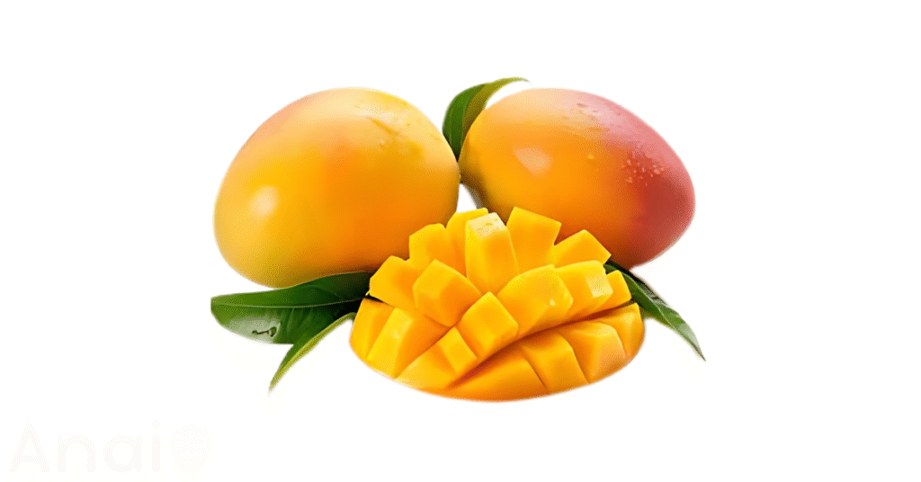 A close-up picture of mangos related to mango nutrition facts, in white background.
