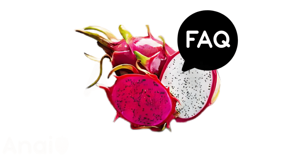 A pic of fresh pitayas next to a black banner for pitaya nutrition FAQs.