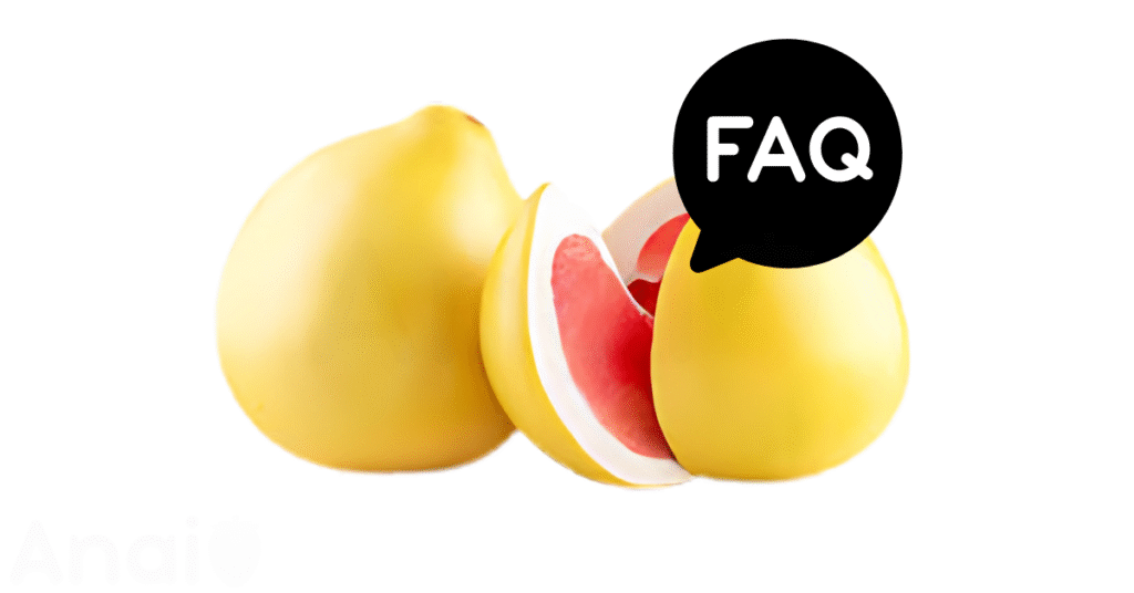 A pic of fresh pomelos next to a black banner for pomelos nutrition FAQs.