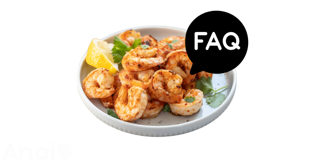 A pic of fresh prawns next to a black banner for prawns nutrition FAQs.