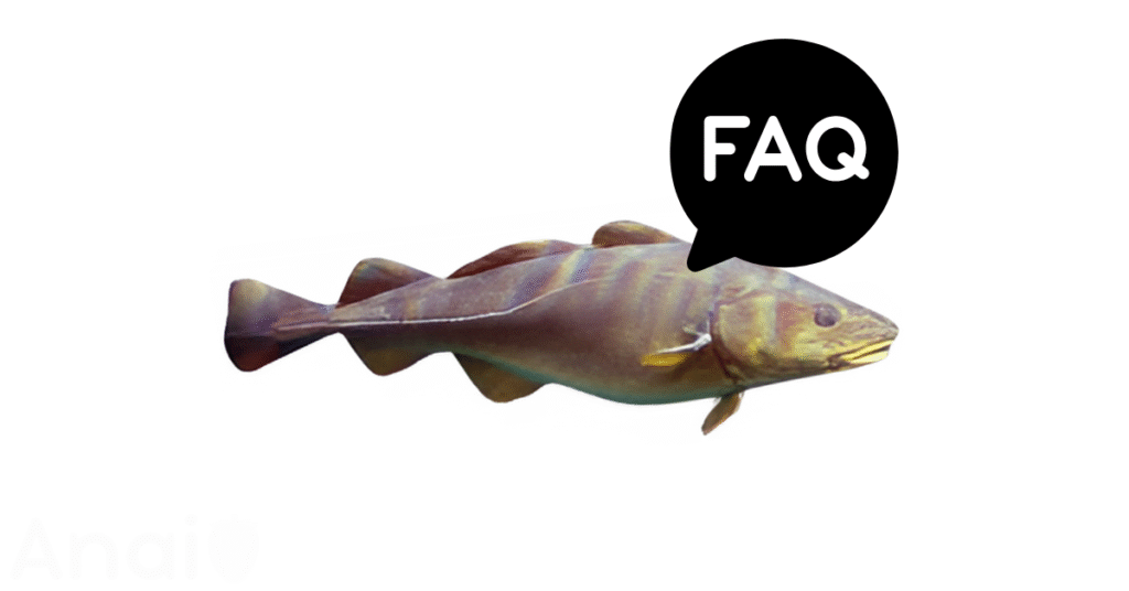 A pic of fresh cod next to a black banner for cod nutrition FAQs.