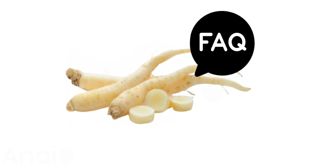 A pic of fresh ginseng next to a black banner for ginseng nutrition FAQs.