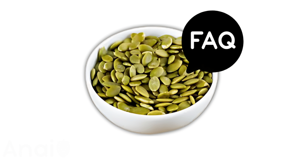 A pic of fresh pumpkin seeds next to a black banner for pumpkin seeds nutrition FAQs.
