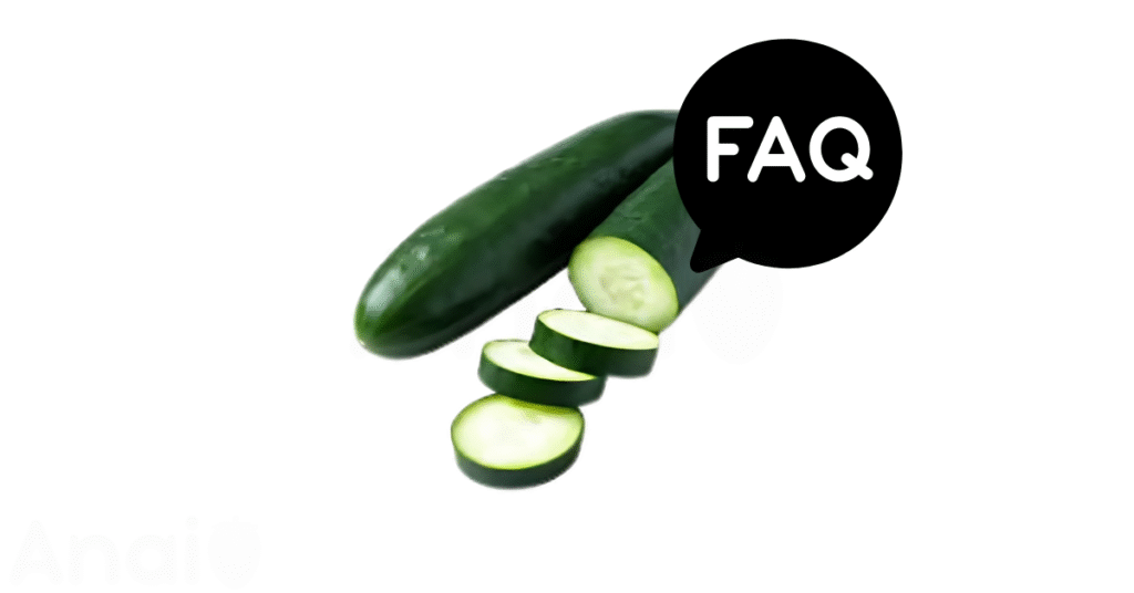 A pic of fresh cucumbers next to a black banner for cucumbers nutrition FAQs.