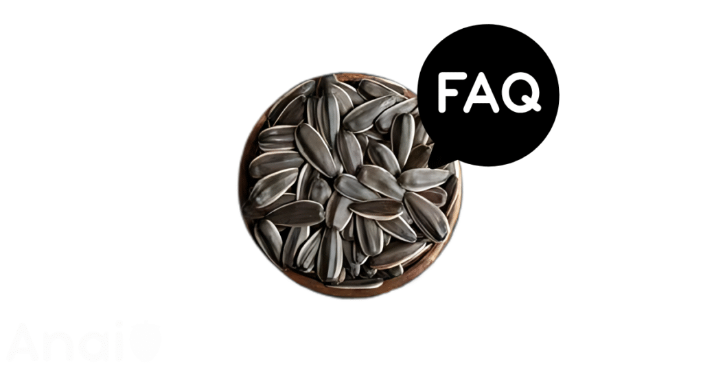 A pic of fresh sunflower seeds next to a black banner for sunflower seeds nutrition FAQs.