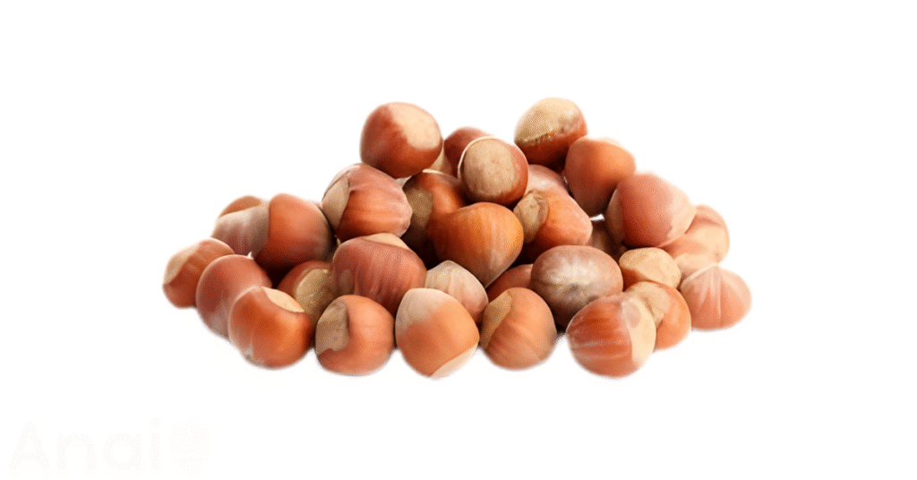 A close-up picture of hazelnuts related to hazelnut nutrition facts, in white background.