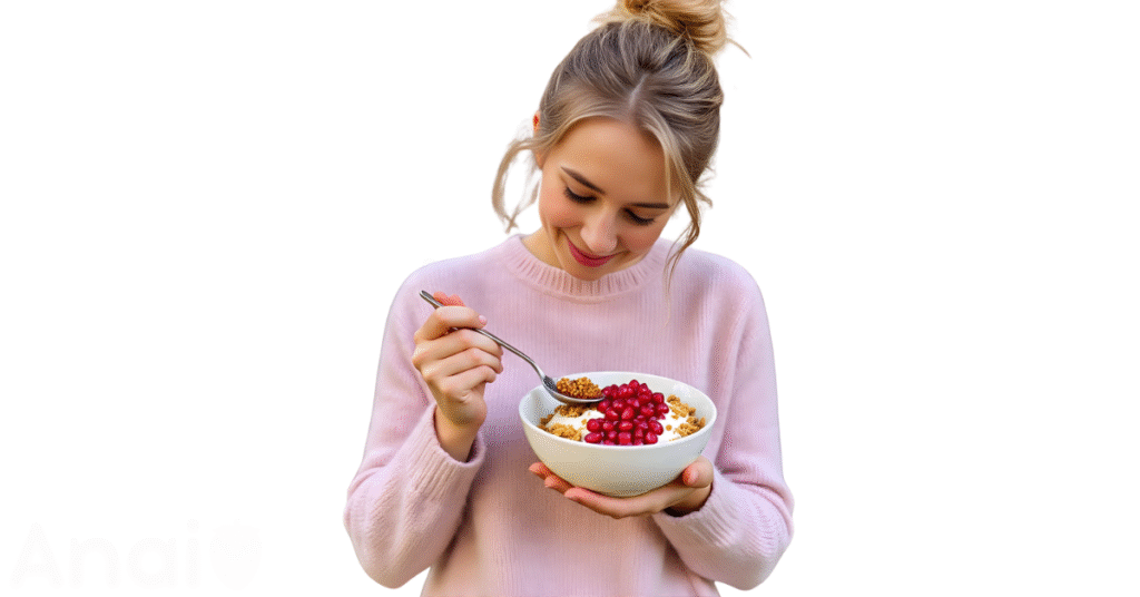 A person eating pomegranate seeds for weight loss.