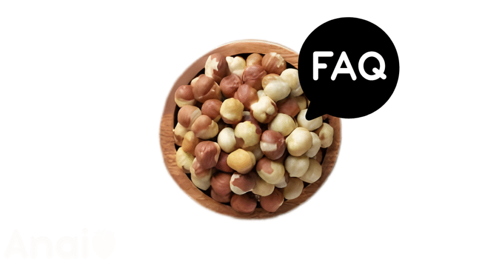 A pic of fresh hazelnuts next to a black banner for hazelnuts nutrition FAQs.