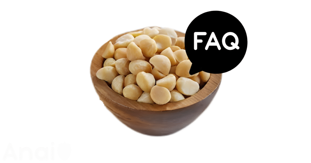 A pic of fresh macadamia nuts next to a black banner for macadamia nuts nutrition FAQs.