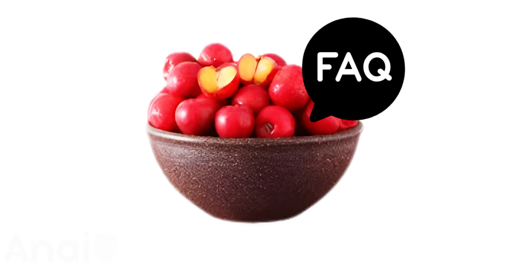 A pic of fresh acerolas next to a black banner for acerolas nutrition FAQs.