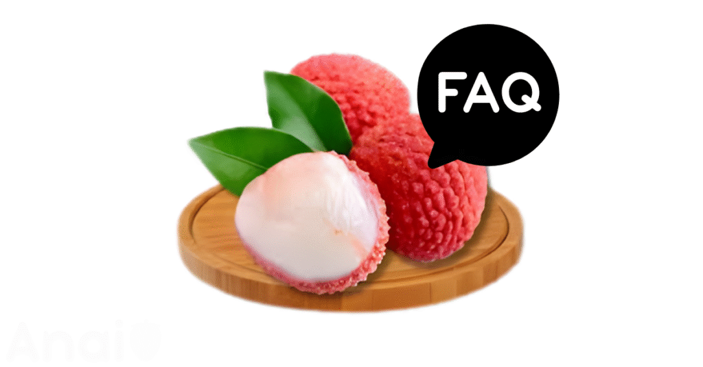 A pic of fresh lychees next to a black banner for lychees nutrition FAQs.