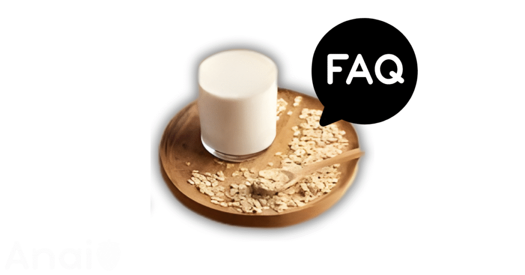 A pic of fresh oat milk next to a black banner for oat milk nutrition FAQs.