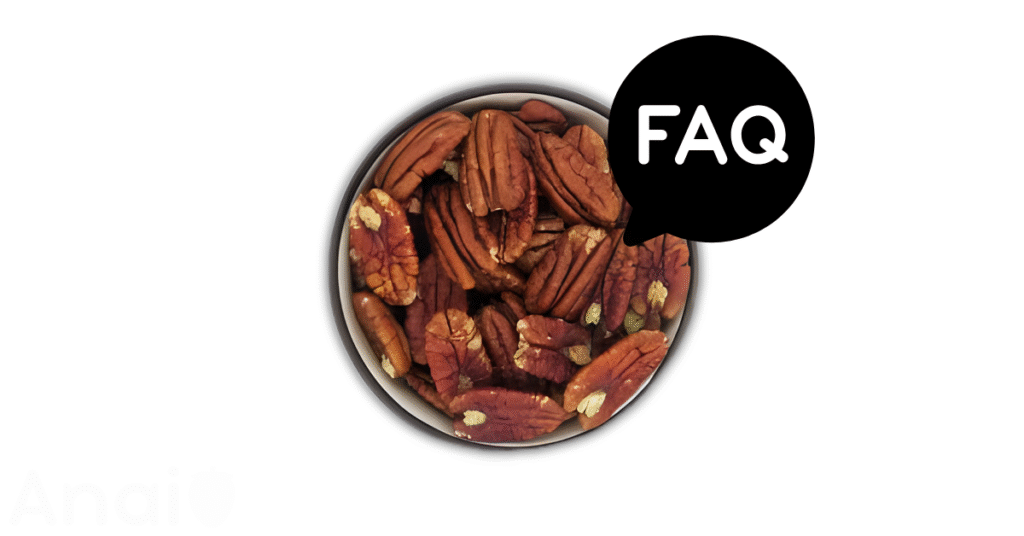 A pic of fresh pecans next to a black banner for pecans nutrition FAQs.