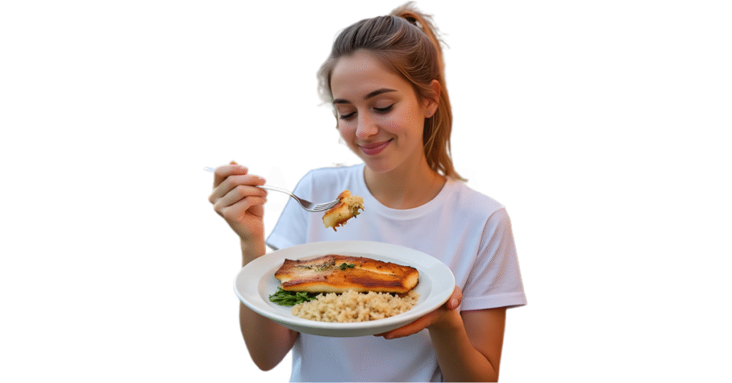 A person eating pollock for weight loss.