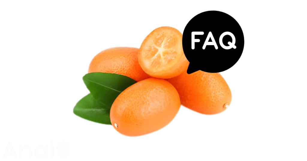 A pic of fresh kumquats next to a black banner for kumquats nutrition FAQs.
