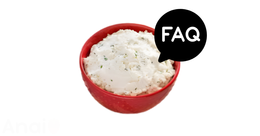 A pic of fresh ricotta cheese next to a black banner for ricotta cheese nutrition FAQs.
